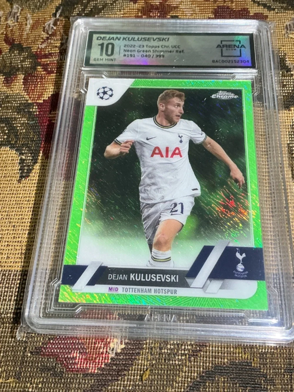 2022 Topps Chrome Dejan Kulusevski #19 Neon Green Shimmer /399 Graded Arena 10